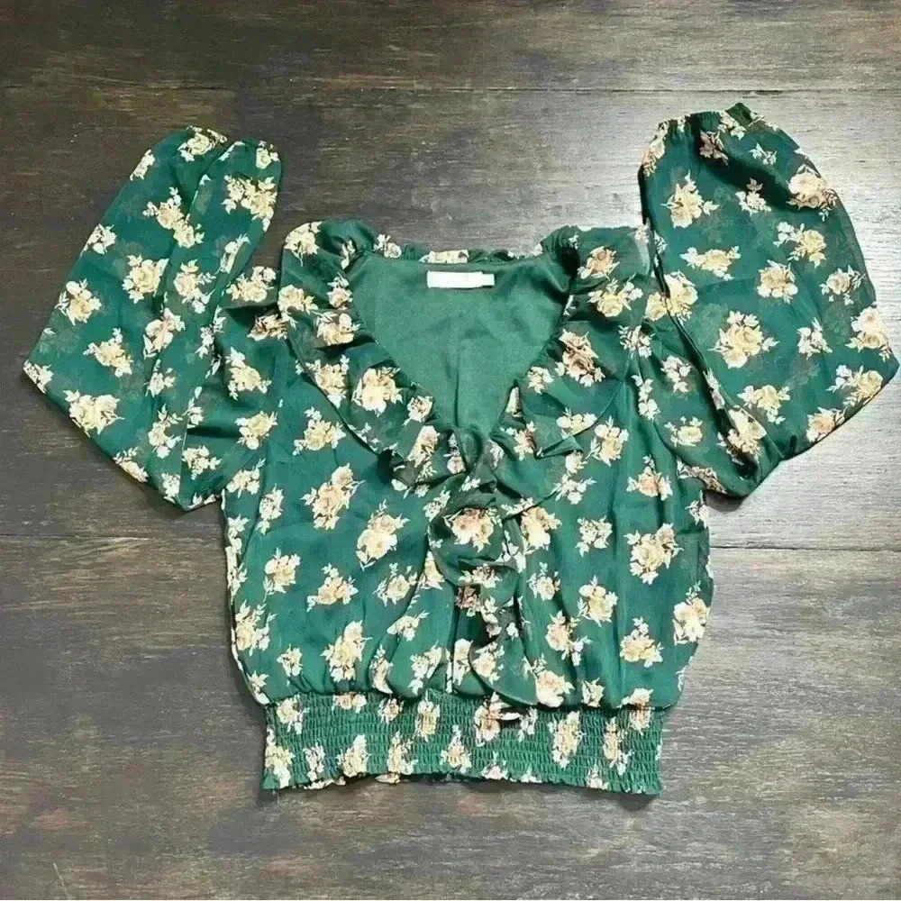 Lush Dark Green Floral Raya Peplum Smocked Waist Blouse Stitch Fix Milkmaid - Picture 7 of 14